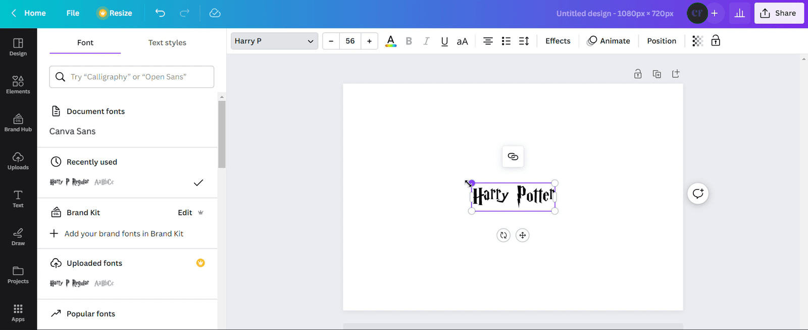 Applying the harry potter logo to the text in Canva