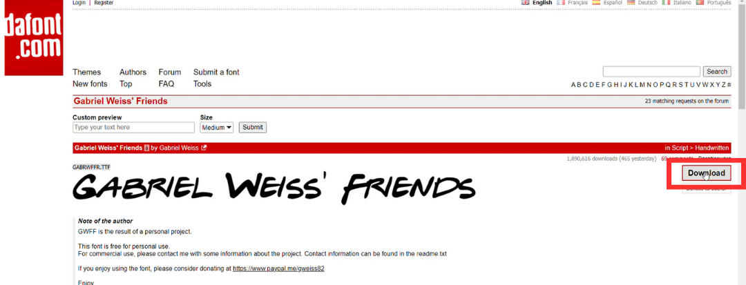 an image demonstrating downloading the font from DaFont for recreating the friend logo
