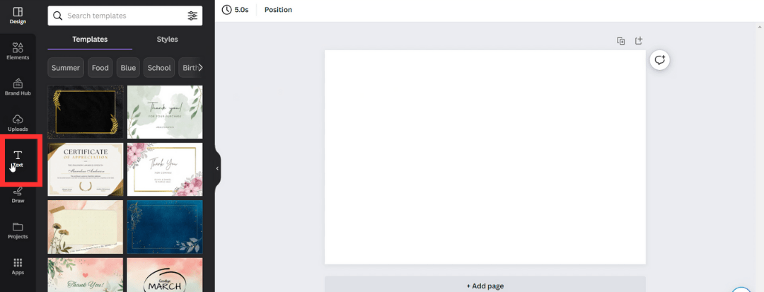 On the Canva interface, locate and click on the "Text" tool, which is usually represented by a capital "T" icon.