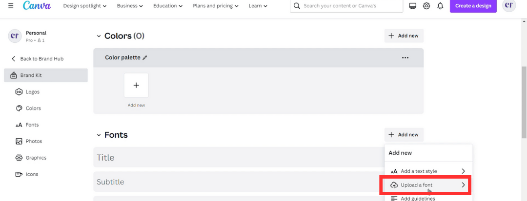 instruction to upload the font to canva