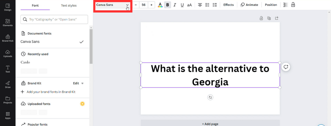 an picture showing the following steps With the text box selected, you will see a toolbar appear at the top of the Canva interface. Look for the font dropdown menu, which displays the currently selected font.